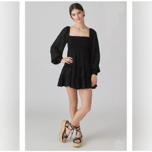URBAN OUTFITTERS River Smocked Long Sleeve Mini Dress Black Size Small EUC S599